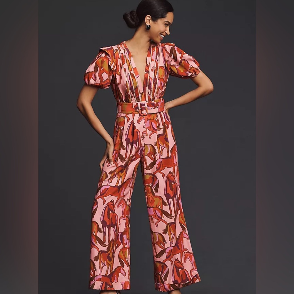 FARM Rio Pink Red Orange Printed Belted Jumpsuit